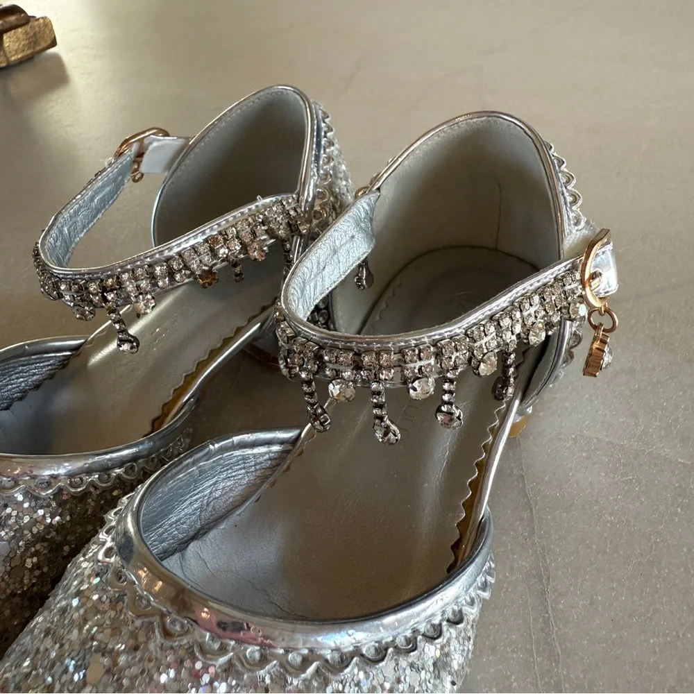 Trish Scully Miss Rodeo Silver Glitter Dress Shoes Girls Size 12 Jeweled Strap
